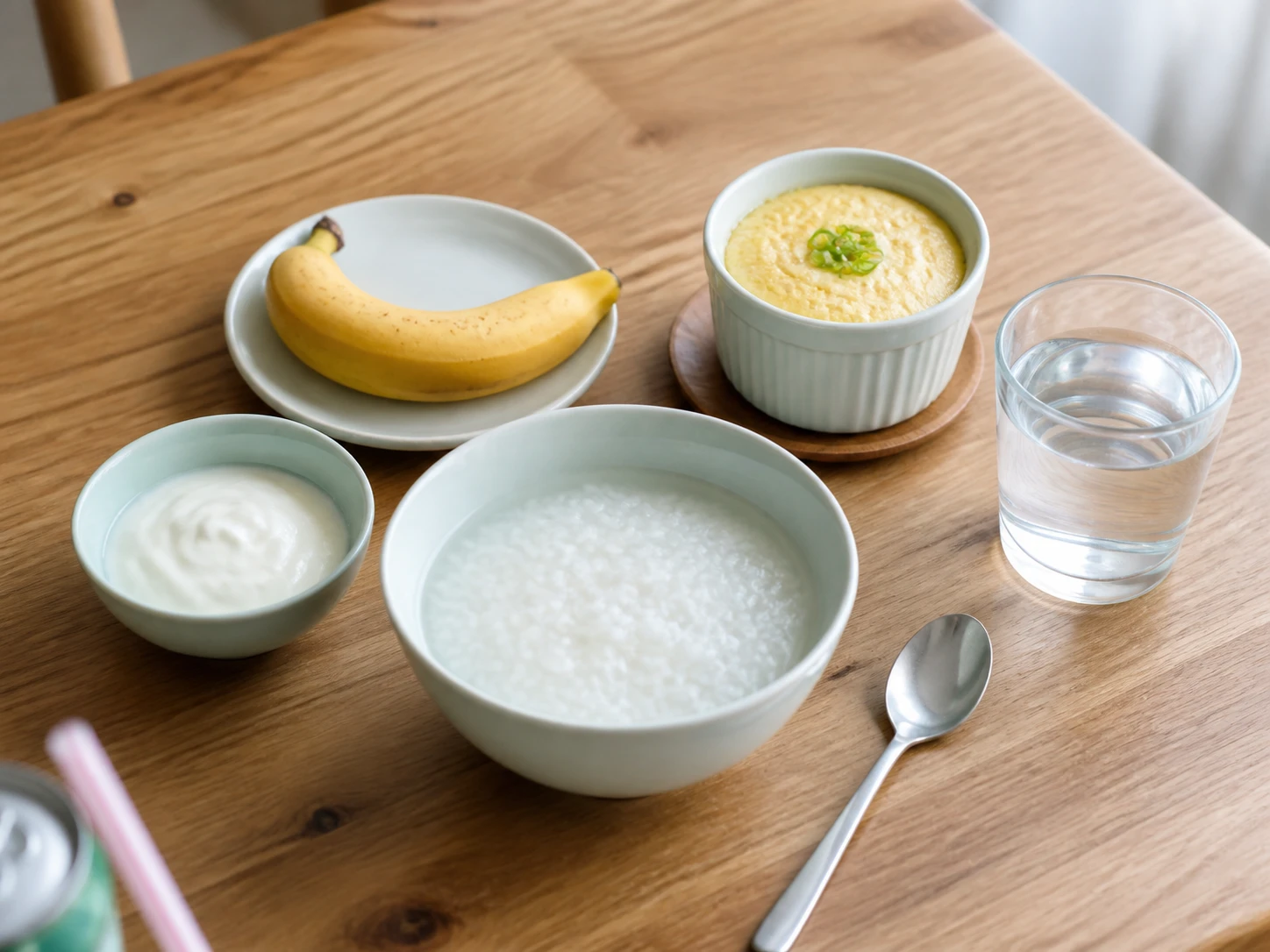 발치 후 먹을 수 있는 미지근한 흰죽, 요거트, 바나나, 계란찜이 놓인 식탁